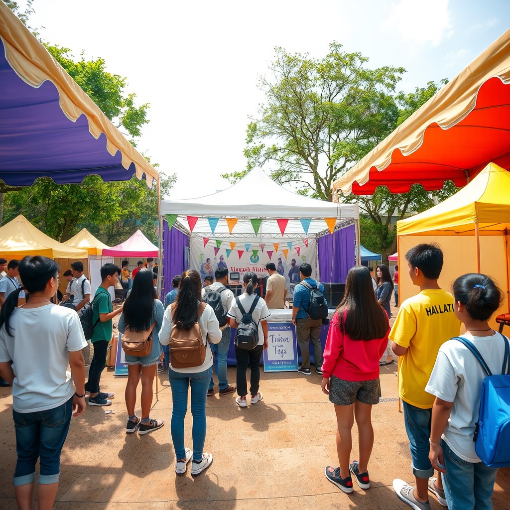A wide-angle shot of Asian college students working together outdoors on a school ground to set up booths for festival week