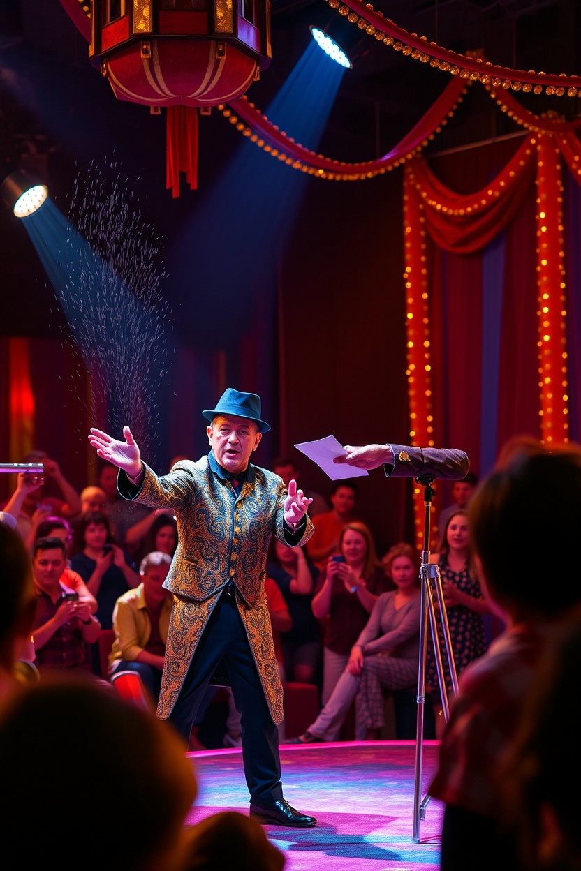 A captivating circus performance showcasing illusionists executing stunning tricks