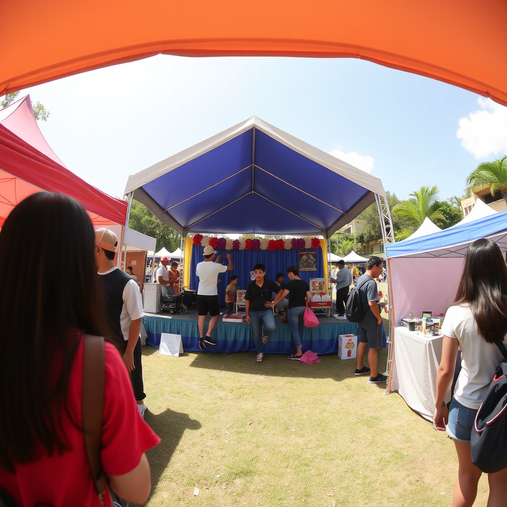 A wide-angle shot capturing the scene of Asian college students engaged in setting up booths for festival week on a school ground in the Philippines