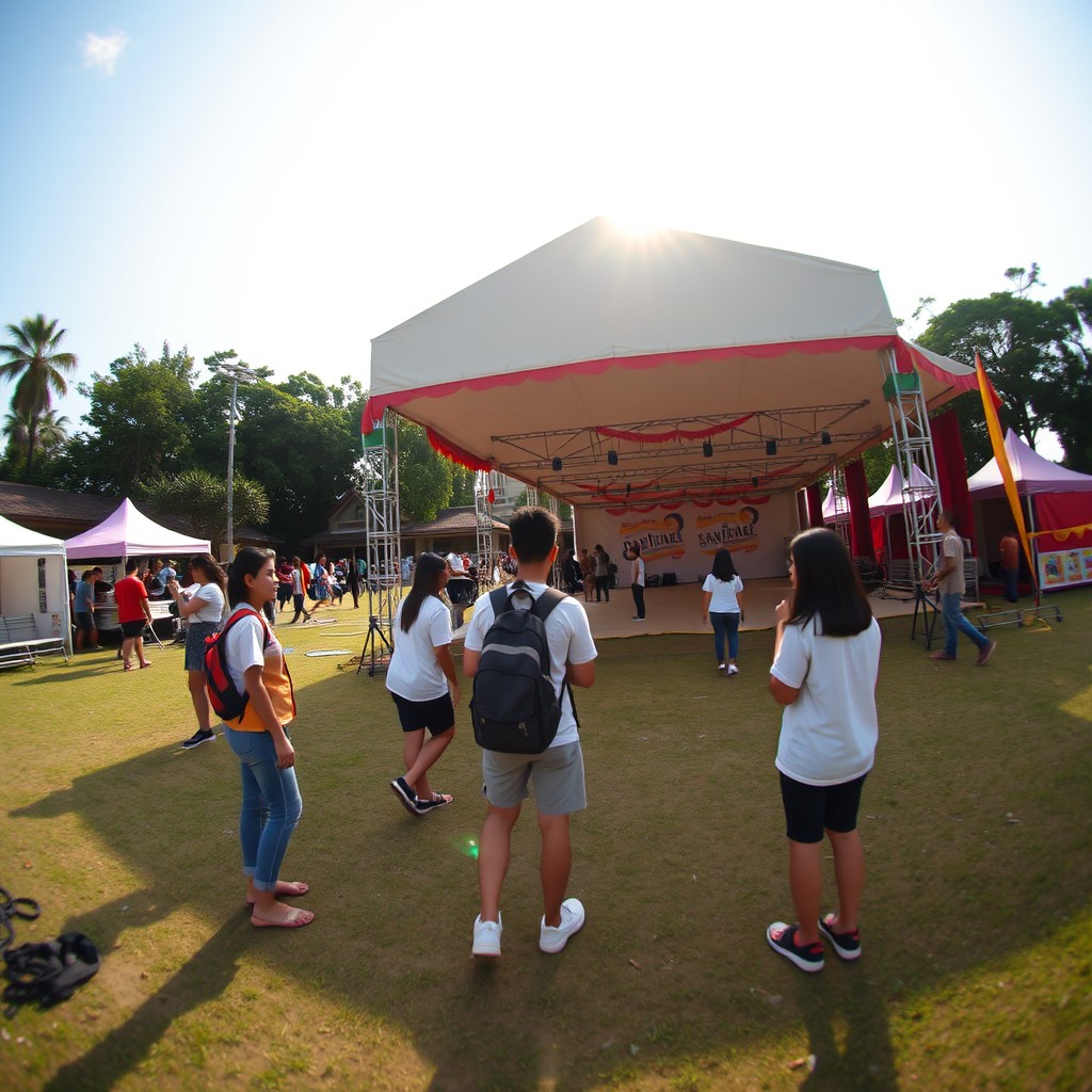 A wide-angle shot of Asian college students actively setting up booths for festival week on a spacious school field in the Philippines