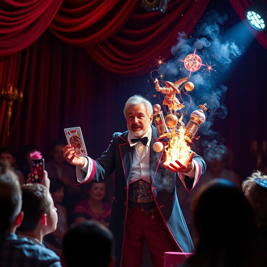 An artistic representation of a magician performing a mesmerizing illusion on stage, showcasing the unexpected transformation of familiar objects into surprising entities
