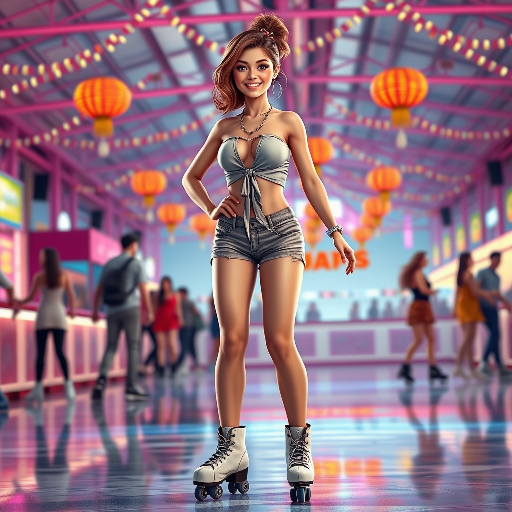 A high-quality digital rendering of a petite woman confidently dressed in a stylish tie-up crop top and shorts