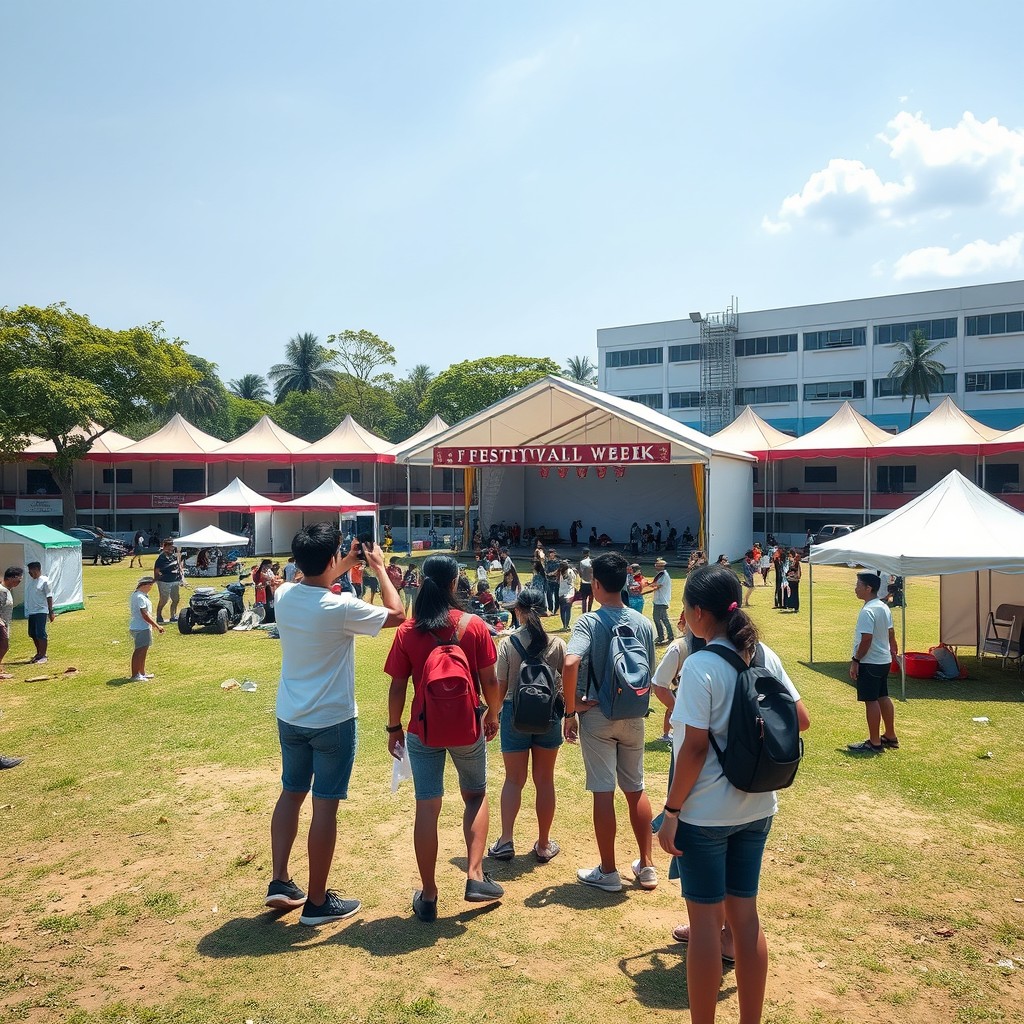 A wide shot of Asian college students, faces not seen, engaged in setting up numerous booths for festival week in a spacious outdoor school field in the Philippines