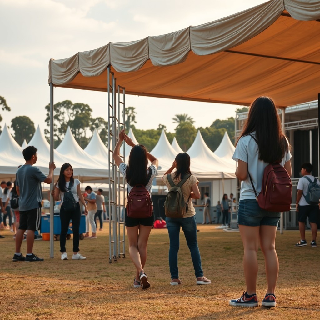 A broad shot depicting Asian college students, faces not seen, actively engaged in setting up booths for festival week in a large school field in the Philippines