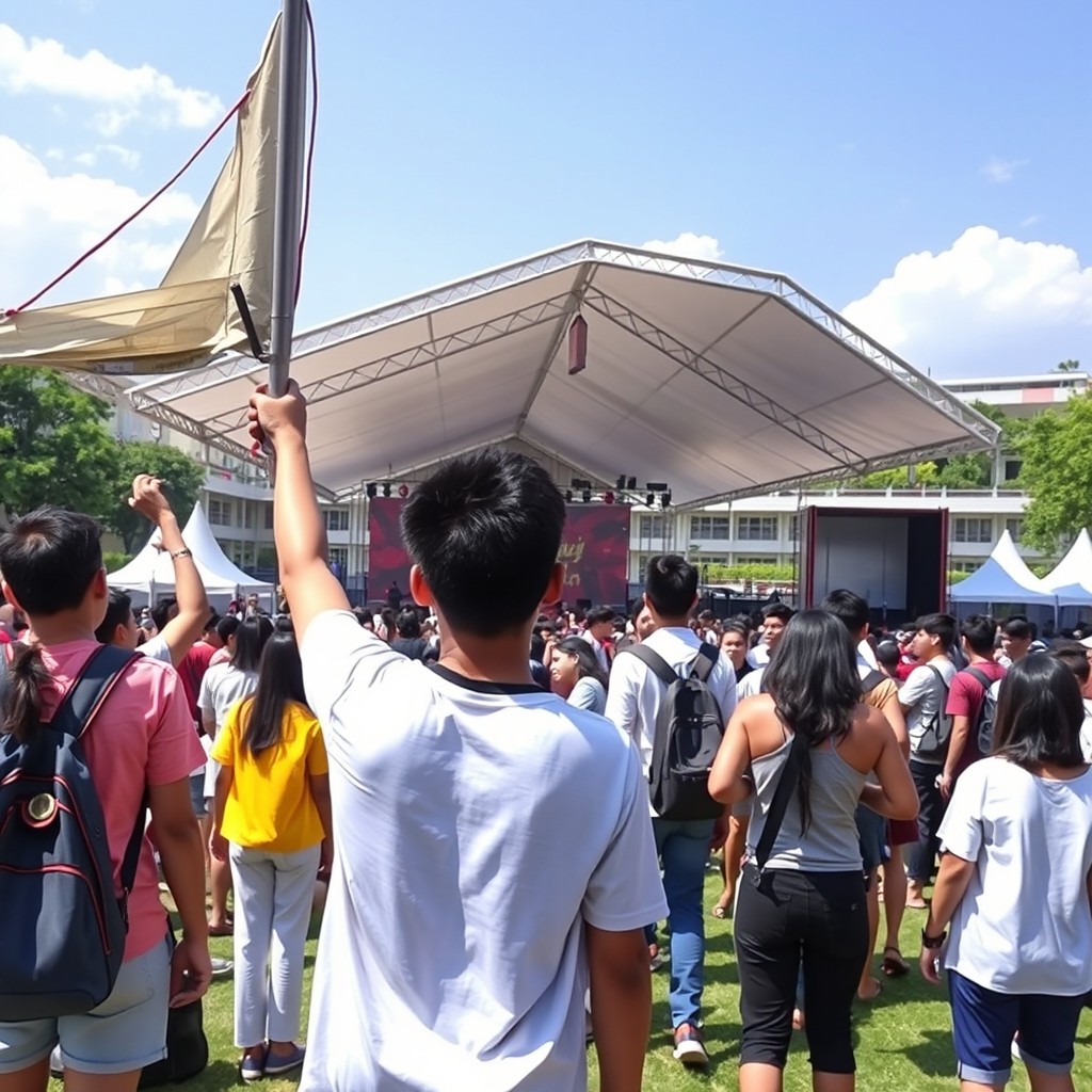 An expansive shot of Asian college students with their faces not visible, energetically engaged in setting up booths for an upcoming festival week on a large outdoor school field in the Philippines