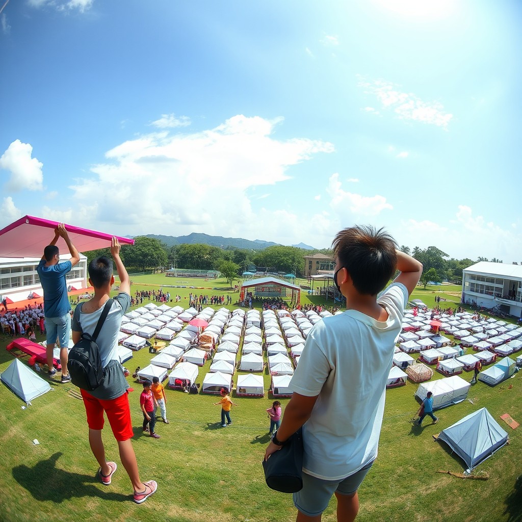 A panoramic shot capturing Asian college students, with their faces not visible, actively setting up booths for an upcoming festival week in a large outdoor school field in the Philippines