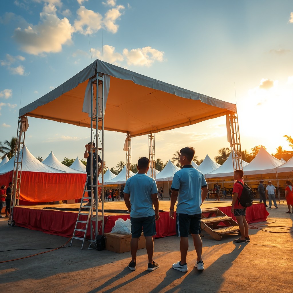 A captivating shot featuring Asian college students, their faces not visible, hard at work setting up booths for an exciting festival week on a spacious school ground in the Philippines