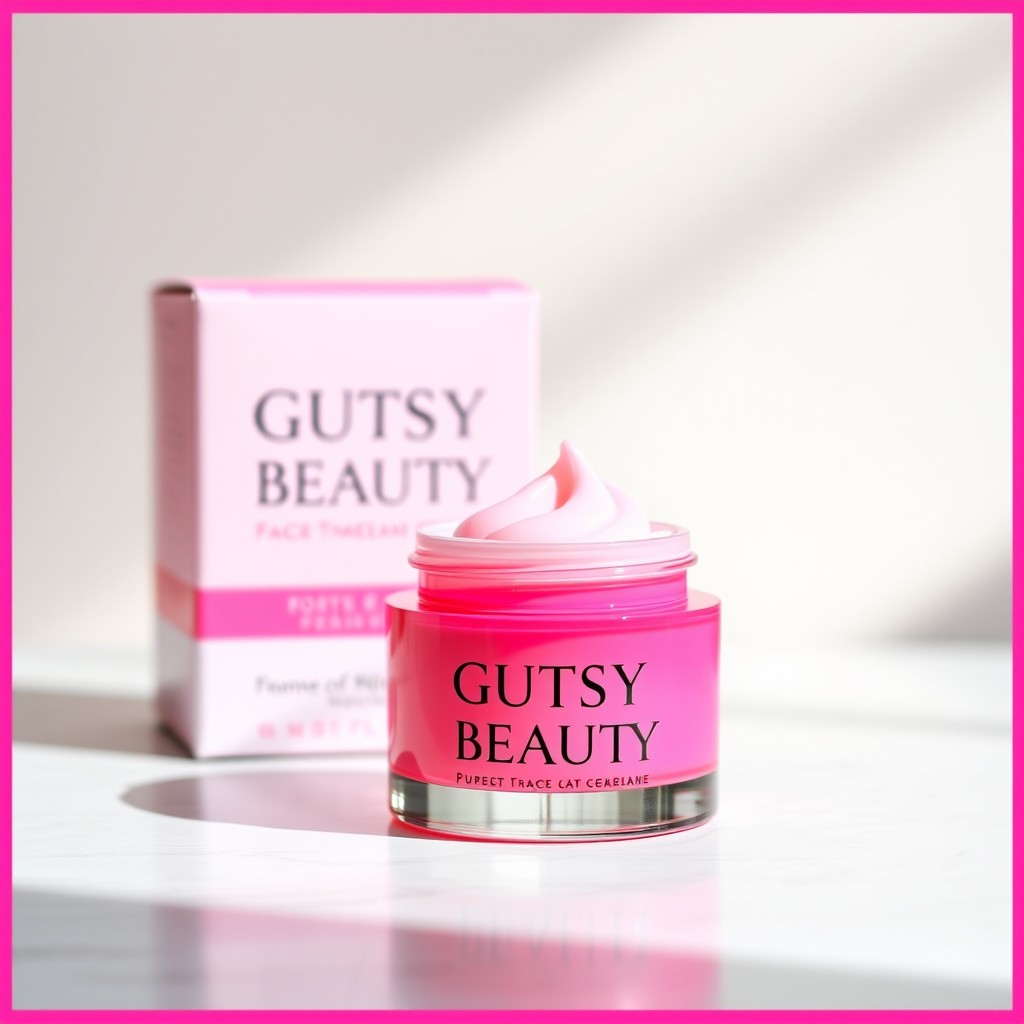 A beautifully designed container of face cream called 'GUTSY BEAUTY', featuring a vibrant pink color that stands out