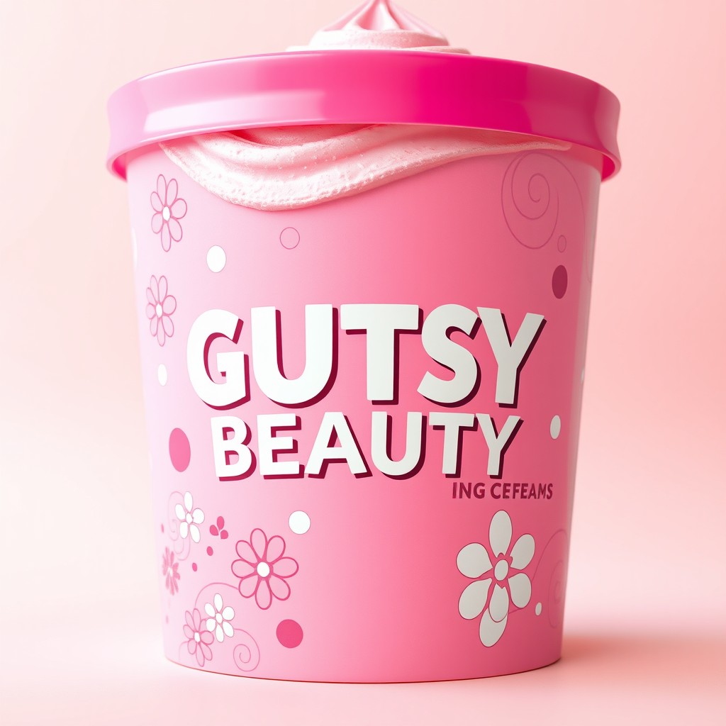 A large, vibrant pink ice cream tub labeled 'GUTSY BEAUTY' with stylish and bold typography