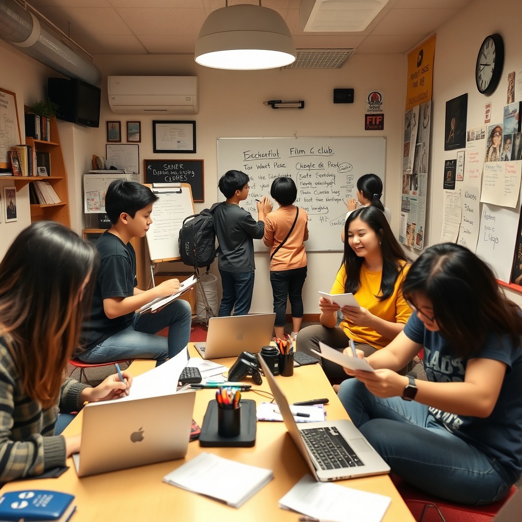 A dynamic scene depicting a group of 6-7 Asian college students in a relaxed film club room meeting, all with their faces not visible