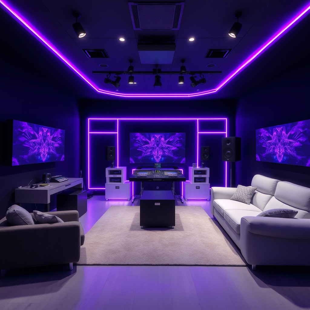A minimalistic futuristic DJ studio designed for live streaming, featuring a sleek and modern setup with a dark background illuminated by vibrant purple and blue lights