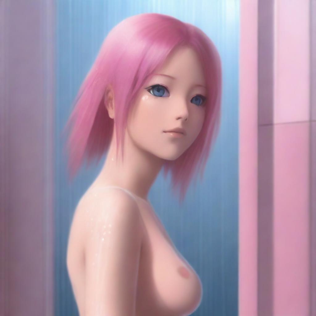 A high-resolution, photorealistic digital painting featuring Sakura Haruno from Naruto in a shower scene