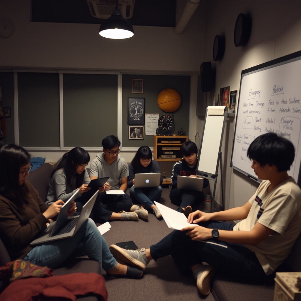 An engaging scene featuring a group of 6-7 Asian college students in their 20s slouched in a film club room during a meeting