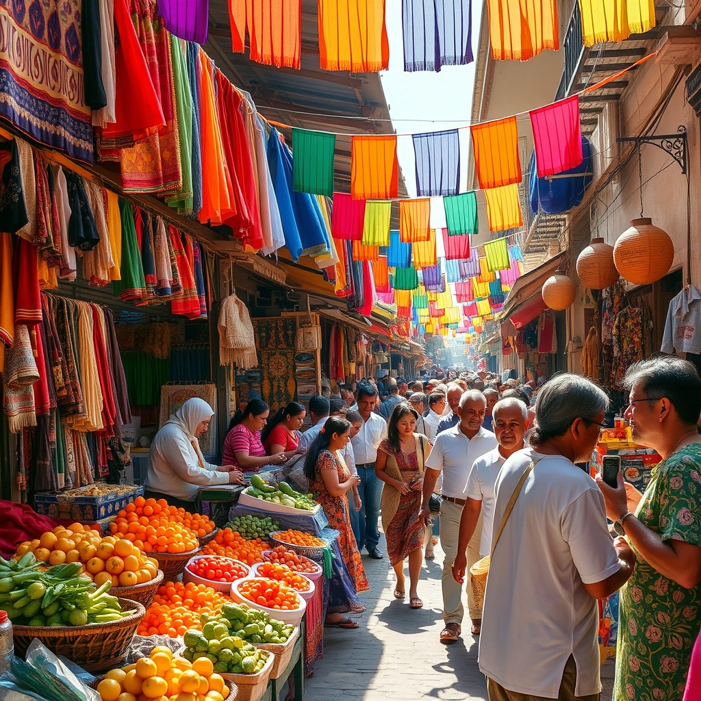 A captivating and colorful street market scene, bustling with activity