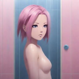 A high-resolution, photorealistic digital painting featuring Sakura Haruno from Naruto in a shower scene