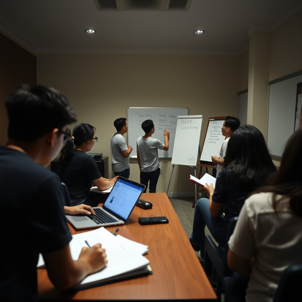 A focused scene capturing a group of 6-7 Filipino college students aged 20-25 in a film club room meeting