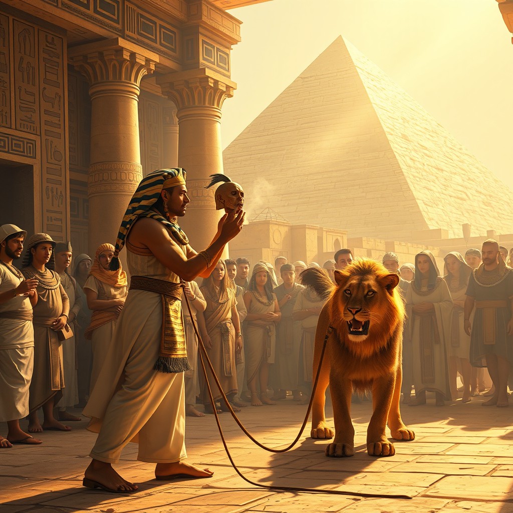 An enchanting scene depicting an ancient Egyptian professional illusionist and animal trainer named Jeddah, performing in front of Pharaoh Khufu