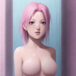 A high-resolution, photorealistic digital painting featuring Sakura Haruno from Naruto in a shower scene