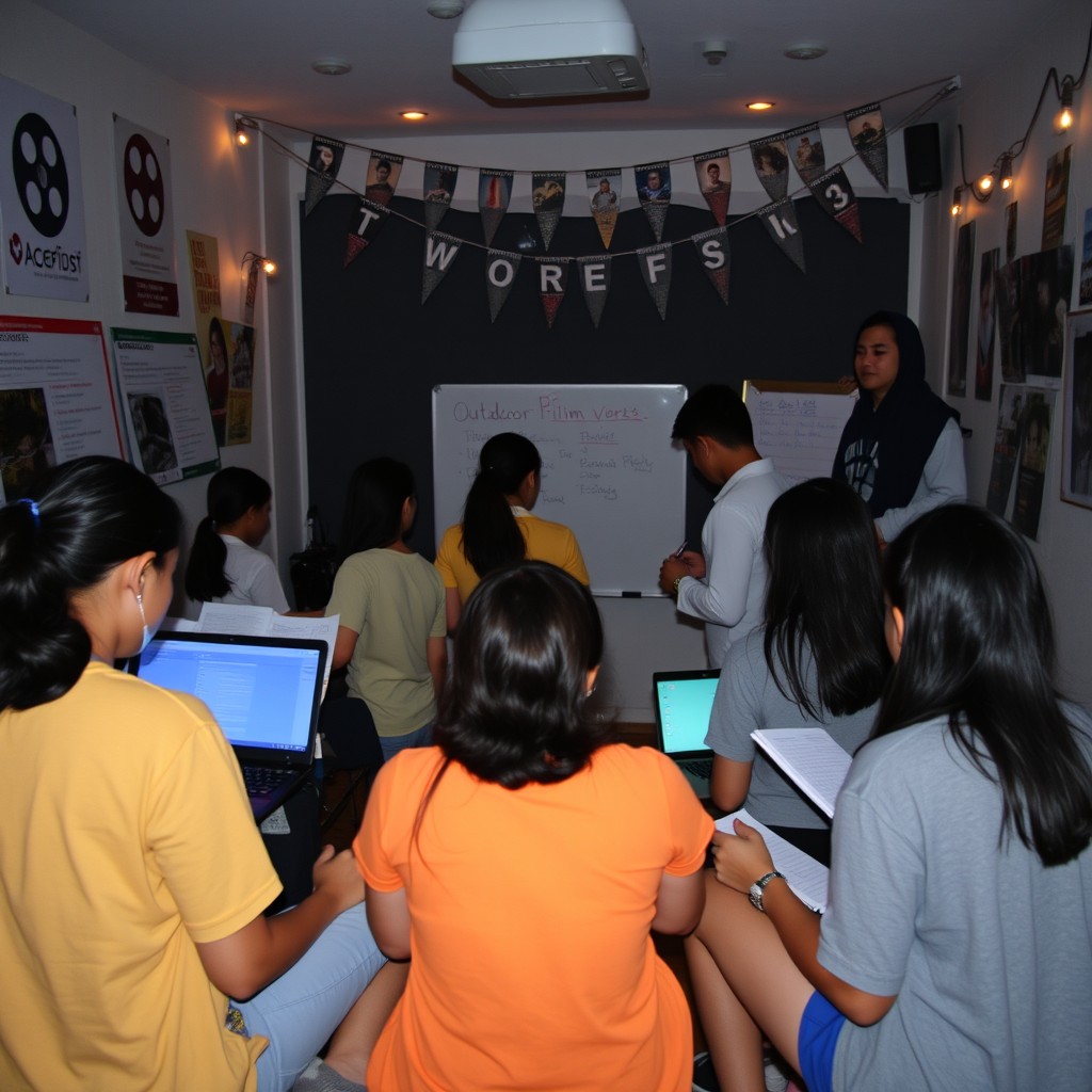 A lively scene showcasing a group of 8 Filipino college students, 4 females and 4 males, in a film club room focused on organizing an outdoor cinema event