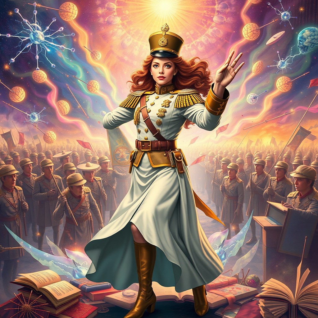 A vibrant and dynamic visual representation of acetylcholine, depicted as a commanding general in a grand military setting, orchestrating the movement of muscles