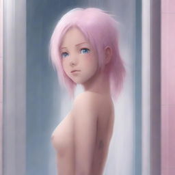 A high-resolution, photorealistic digital painting featuring Sakura Haruno from Naruto in a shower scene