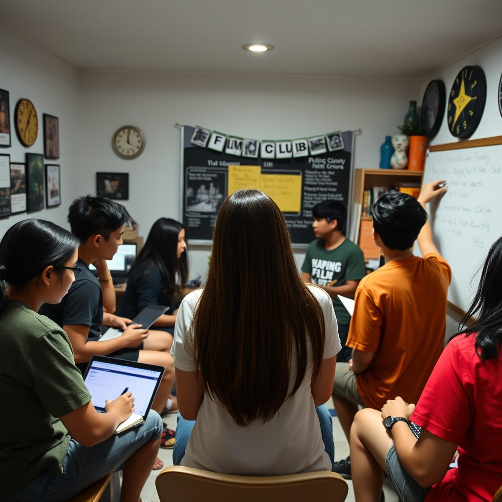 A dynamic scene featuring a group of 8 Filipino college students, 4 females and 4 males, in a film club room meeting to plan for an outdoor cinema event