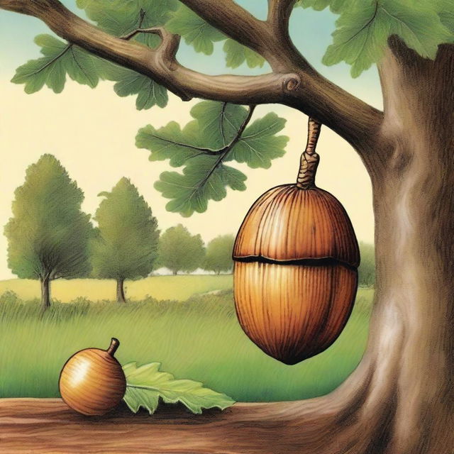 A high-quality book cover illustration depicting a detailed acorn prominently in the foreground