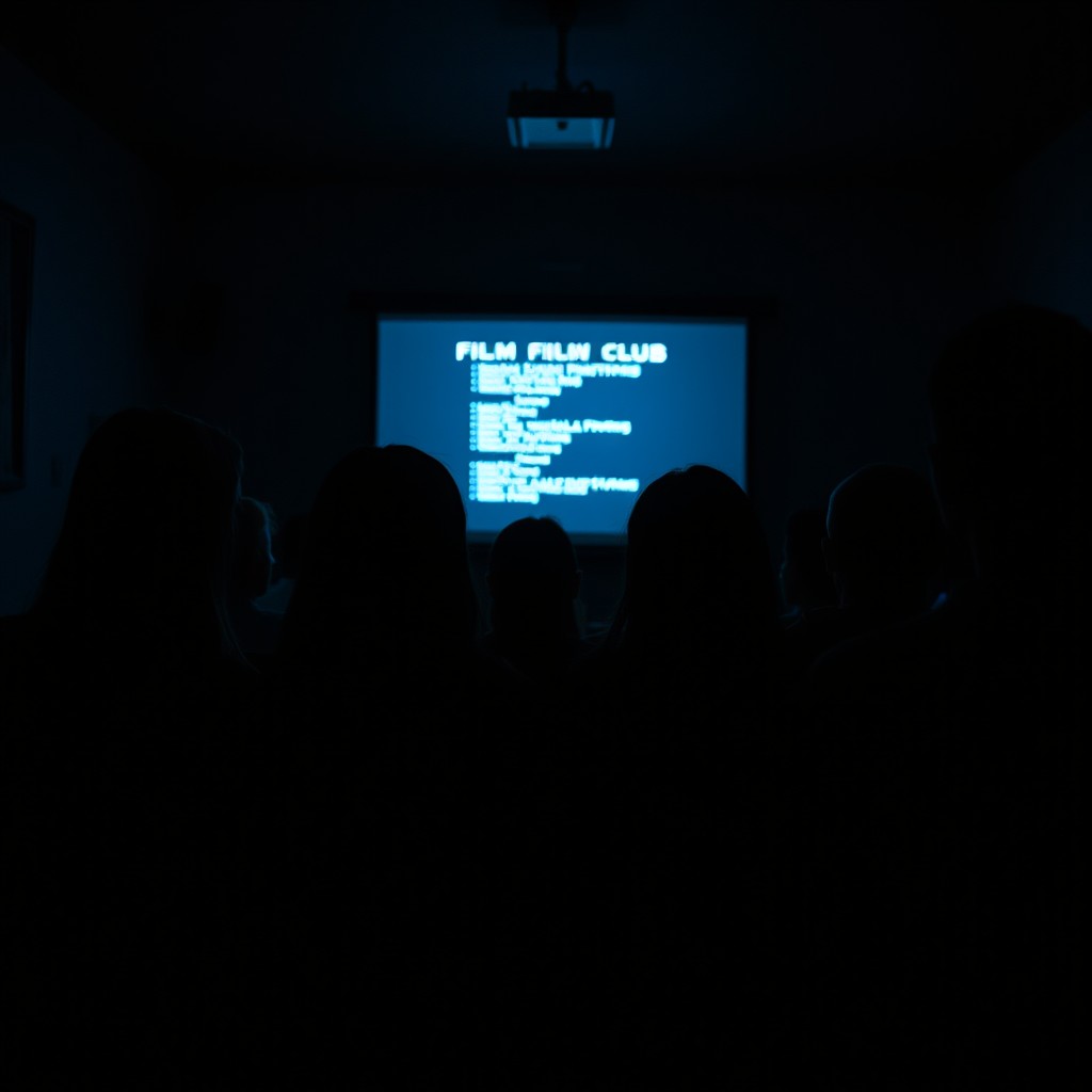 An engaging scene depicting around 7 Filipino college students, 4 females and 3 males, watching a film in a dimly lit film club room