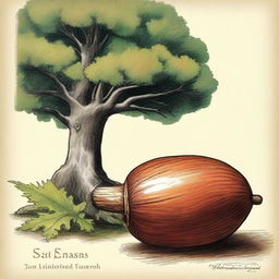 A high-quality book cover illustration depicting a detailed acorn prominently in the foreground