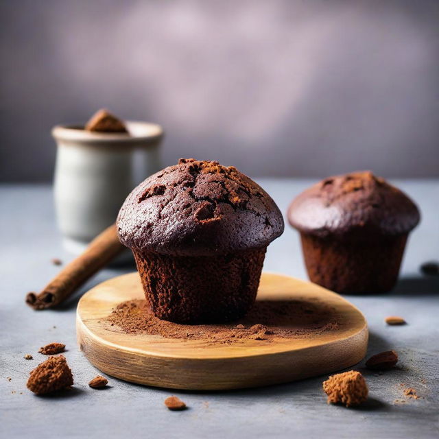 A freshly baked, aromatic chocolate muffin inspired by traditional Indonesian flavors, topped with a sprinkle of locally sourced cocoa.