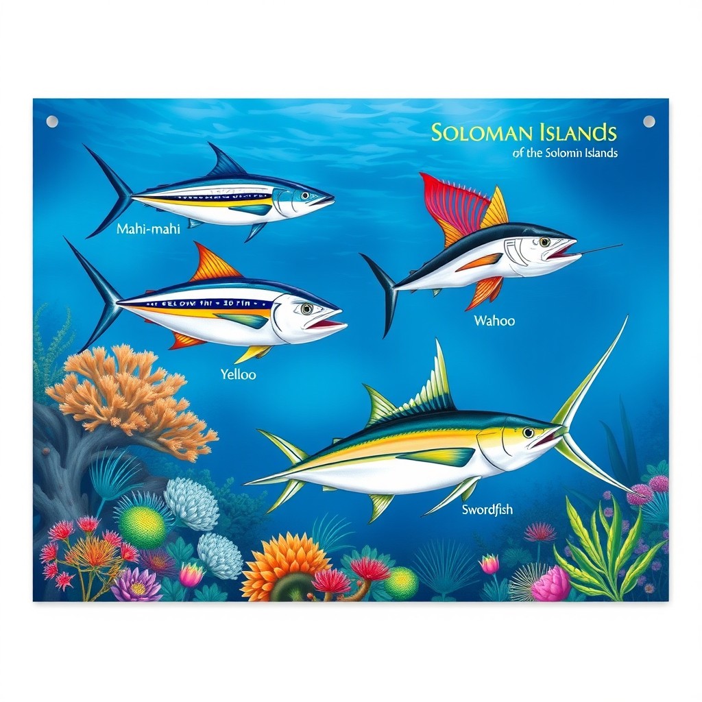 A vibrant and informative poster depicting various pelagic fish species found in the Solomon Islands