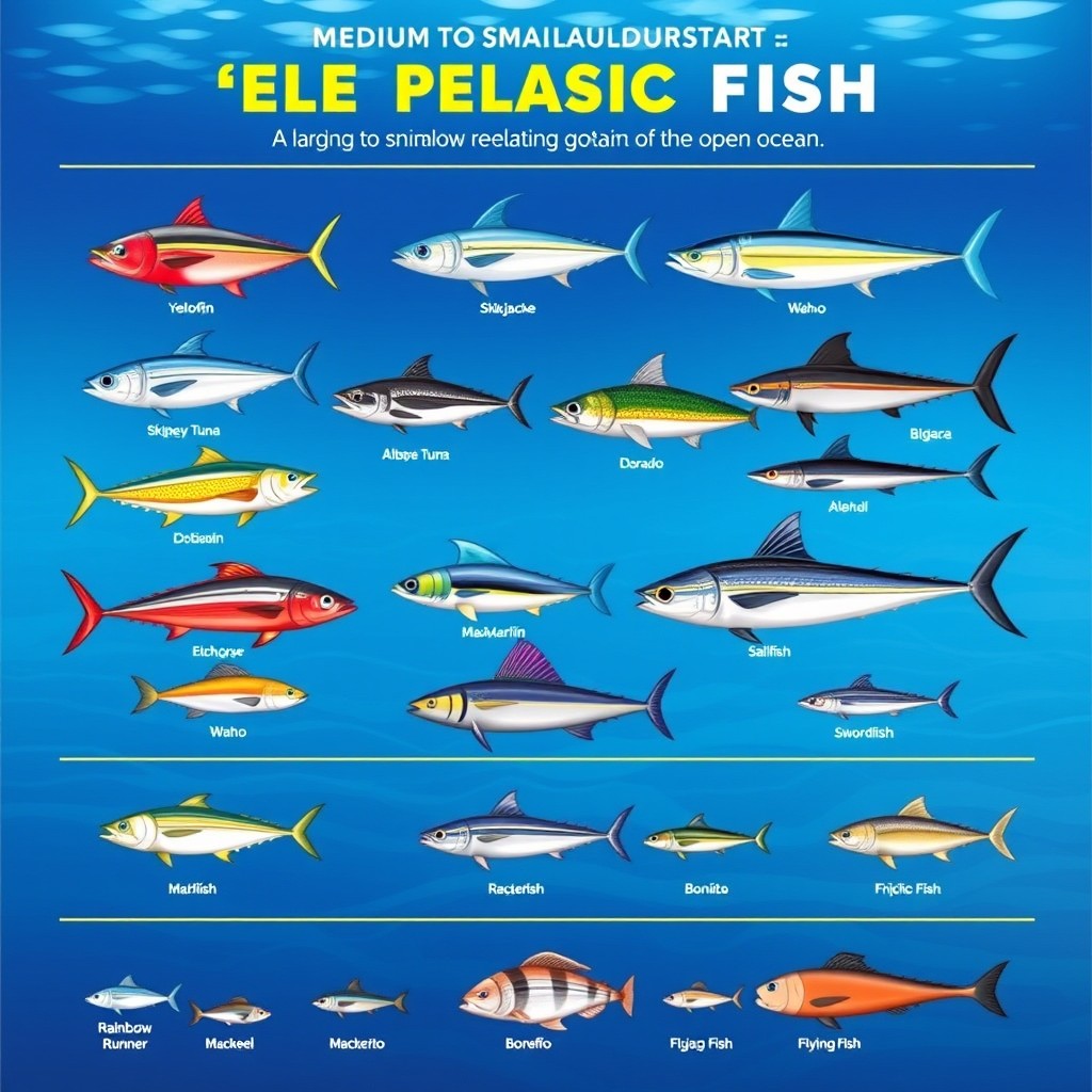 A colorful and detailed educational infographic highlighting a variety of large and medium to small pelagic fish species found in the open ocean
