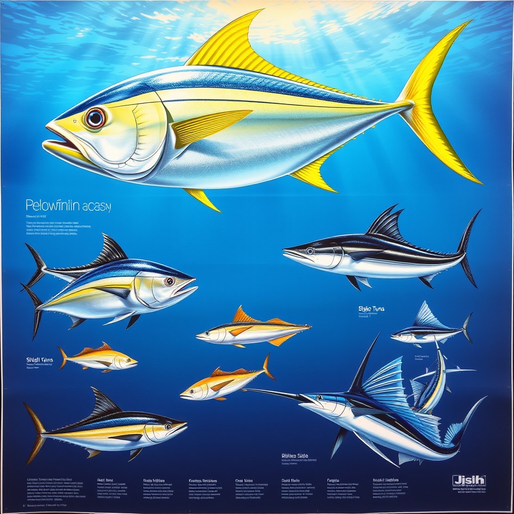 A vibrant and informative poster showcasing a variety of pelagic fish found in the South Pacific