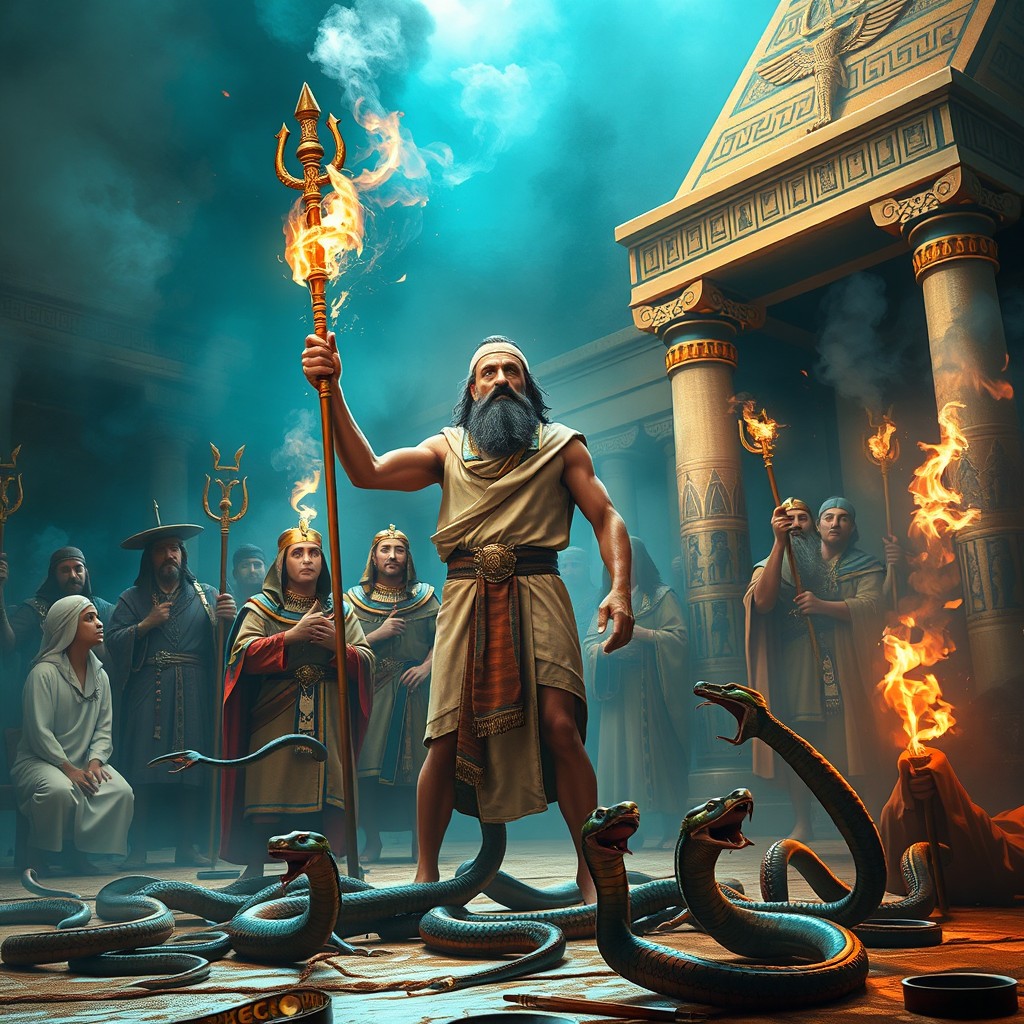 A dramatic reinterpretation of the biblical story where Aaron throws his staff before Pharaoh, transforming it into a serpent