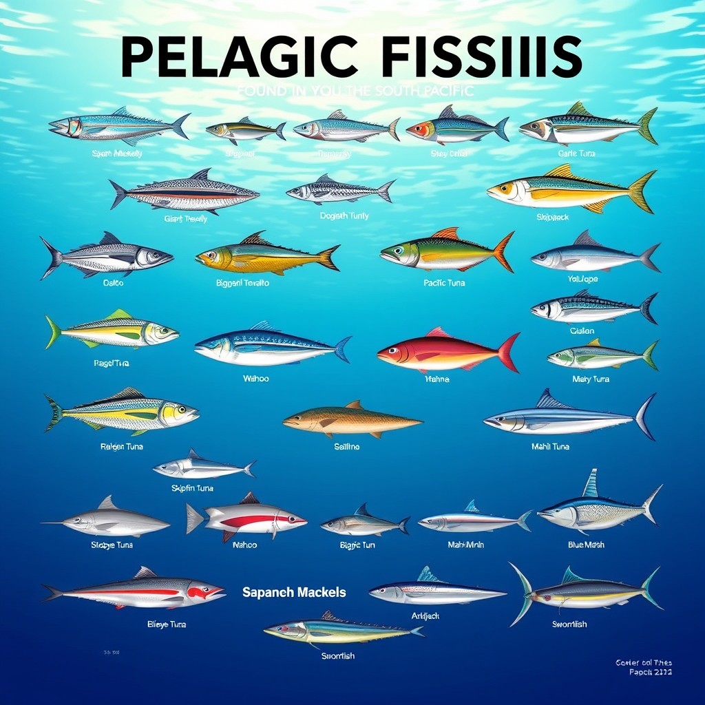 An eye-catching and educational poster showcasing a diverse array of pelagic fish species found in the South Pacific