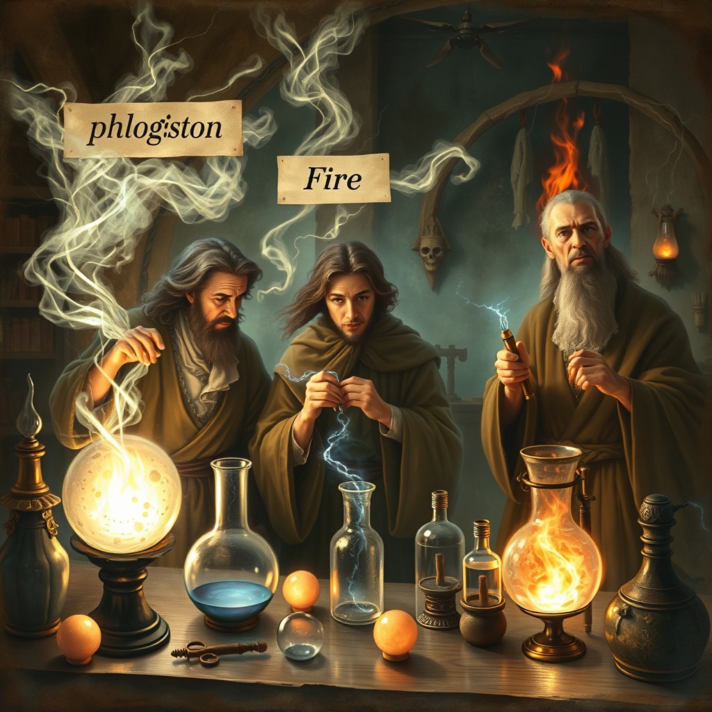 A mystical scene depicting ancient experimenters of natural magic, surrounded by various alchemical instruments and devices related to electricity, such as an electrophorus and glowing orbs