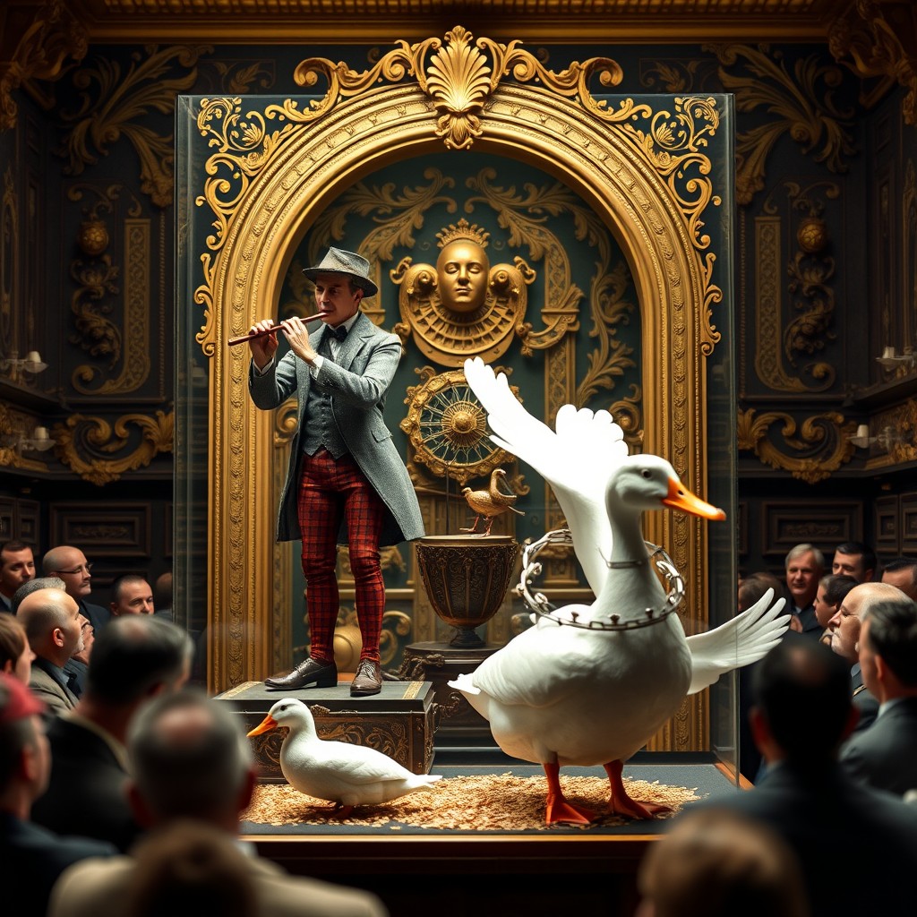 A detailed showcase of the remarkable automata created by Jacques de Vaucanson, featuring his famous 'flutist' and 'the Provençal drummer', both impressively life-sized at 178 centimeters tall, exuding a lifelike presence