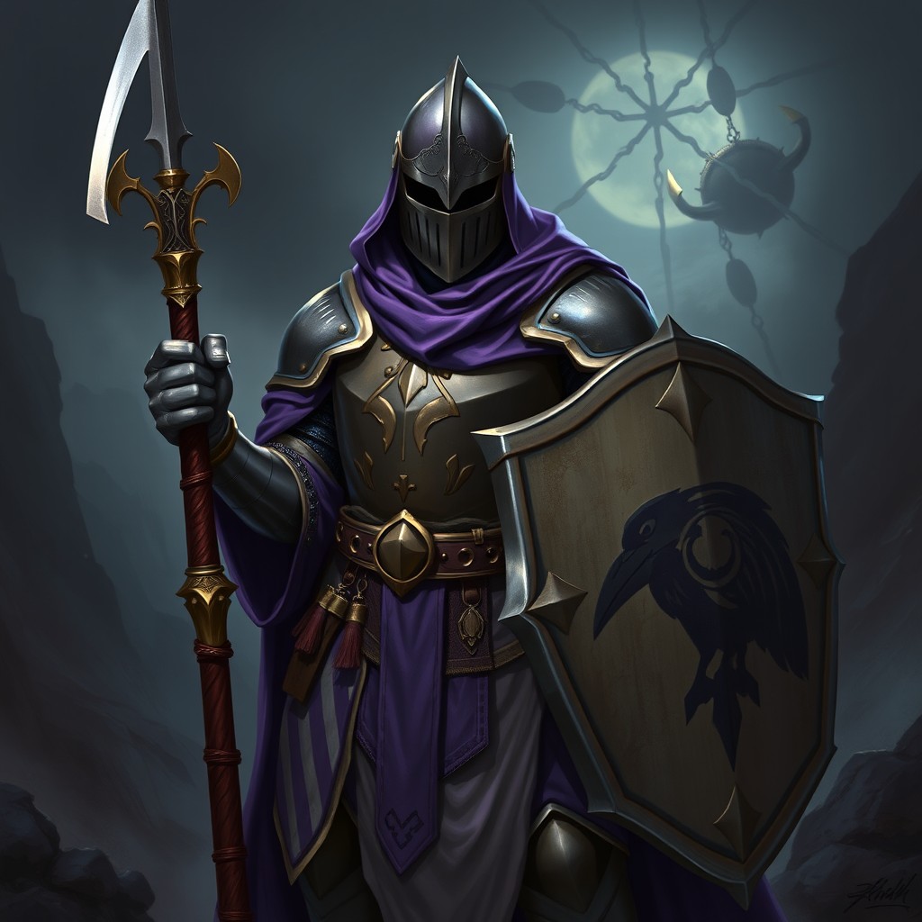 An intriguing character art of a low fantasy Death Domain Reborn Cleric, depicted as a noble knight