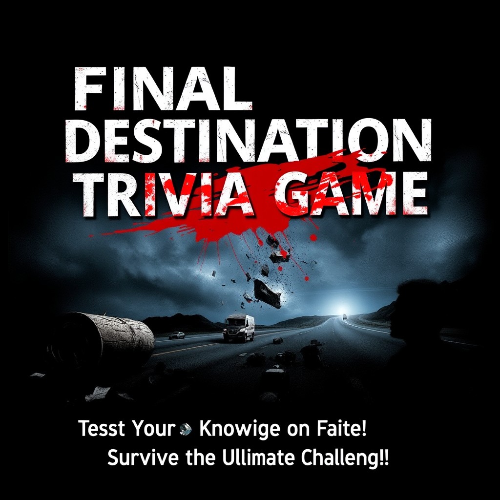 A visually striking poster for a Final Destination trivia game, featuring a dark and eerie background that evokes suspense