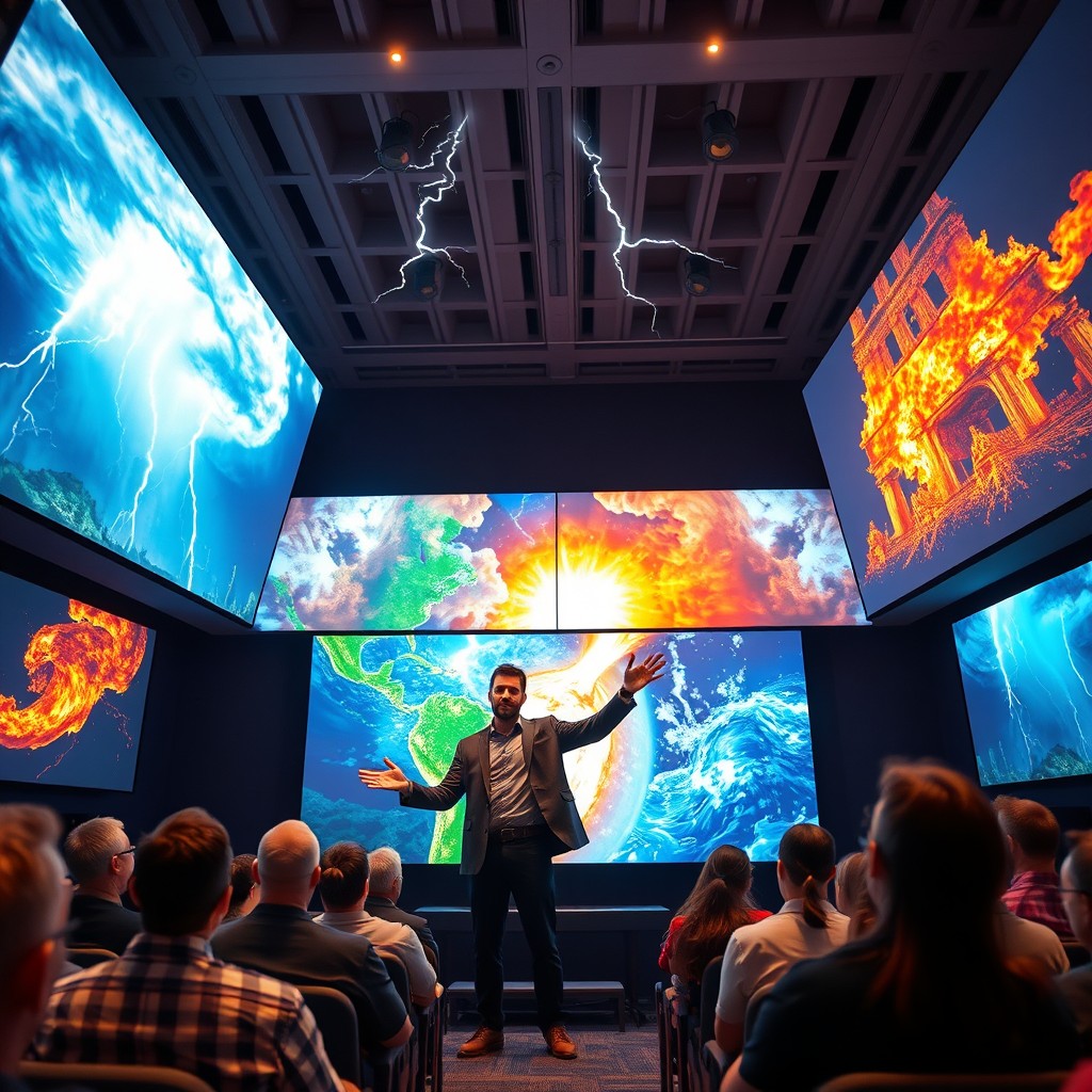 a charismatic lecturer demonstrating various scientific principles, surrounded by vibrant visualizations of the four elements: earth, air, fire, and water