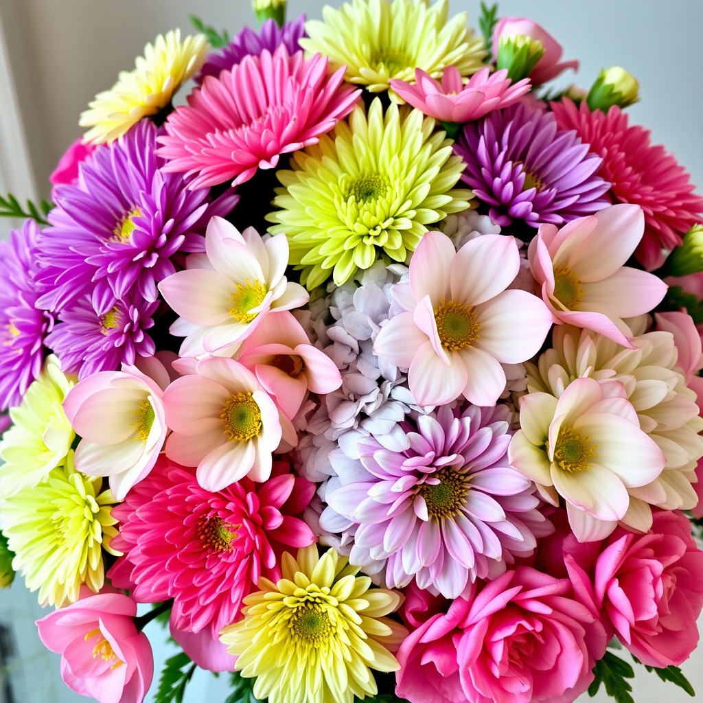 A vibrant and colorful bouquet composed of lush Chrysanthemums in various shades, delicate Hydrangea blooms in soft pastel colors, sweet Sweet Peas with their charming, whimsical appearance, and beautiful Pink Carnations with rich petal layers