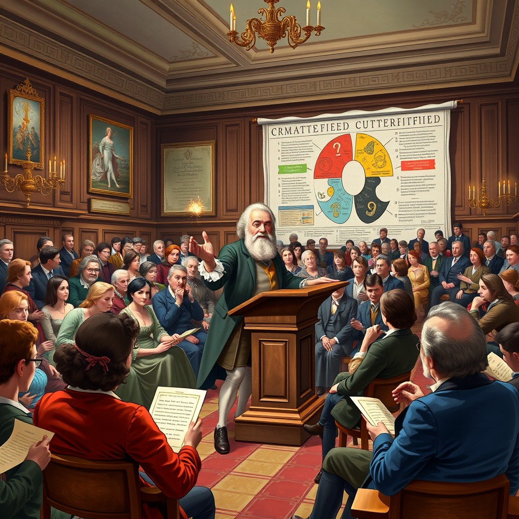 A historical depiction of a German scientist, possibly named Cutterfeld, giving a lecture in 1780 London