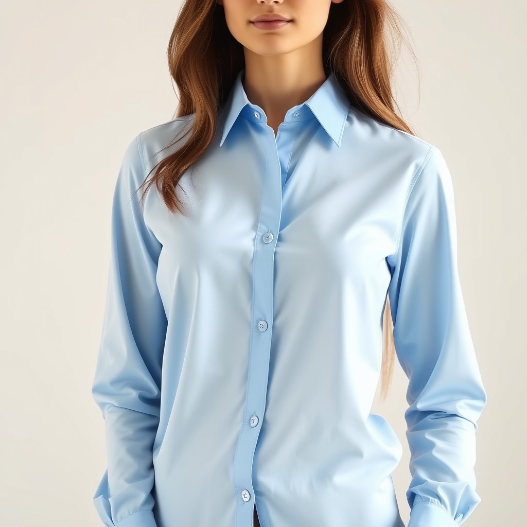 A fashion model wearing a crisp, perfectly ironed light blue shirt, with no shadows or wrinkles, standing in a bright, airy studio