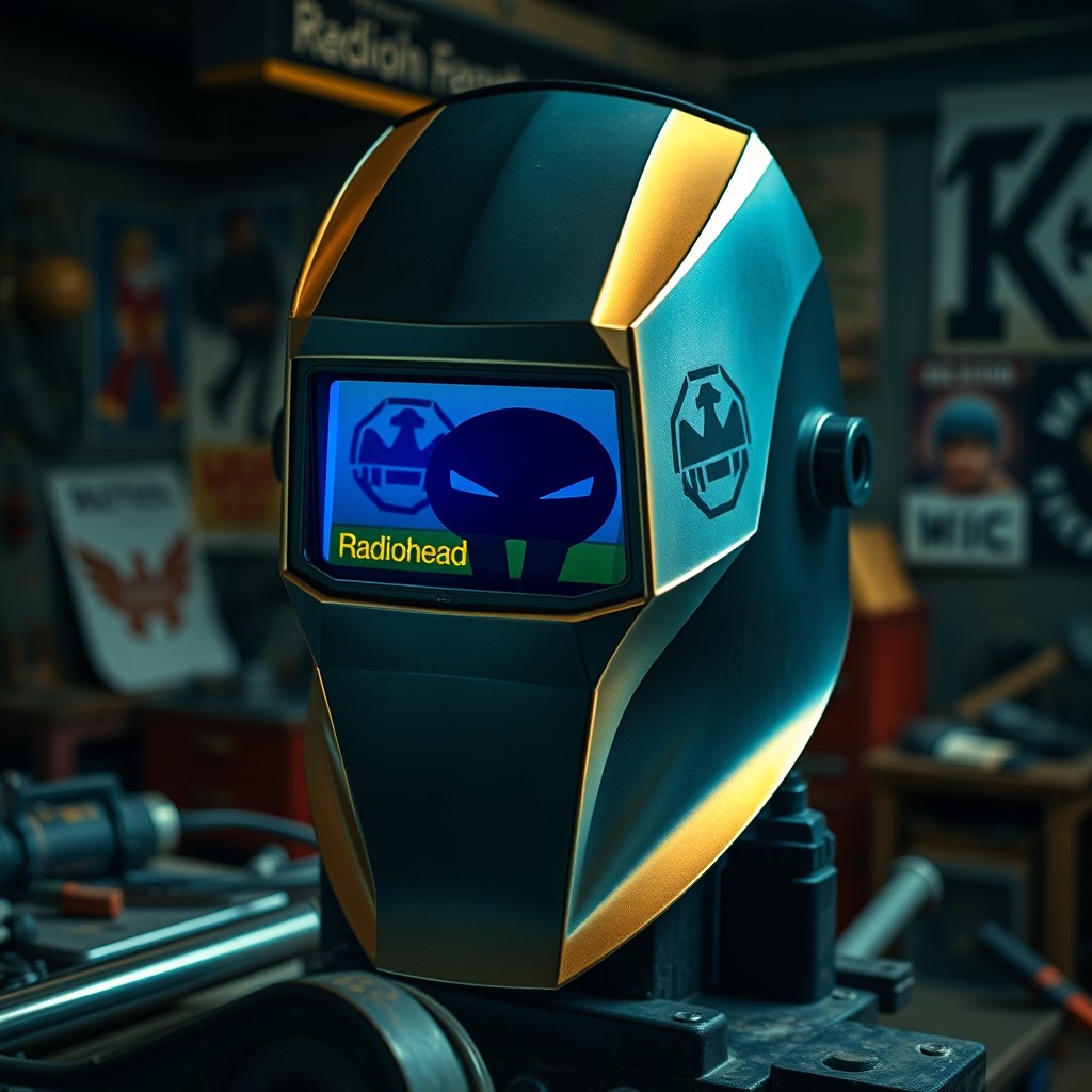 A unique welding hood designed with Radiohead aesthetics, featuring the band's iconic logo emblazoned across the front