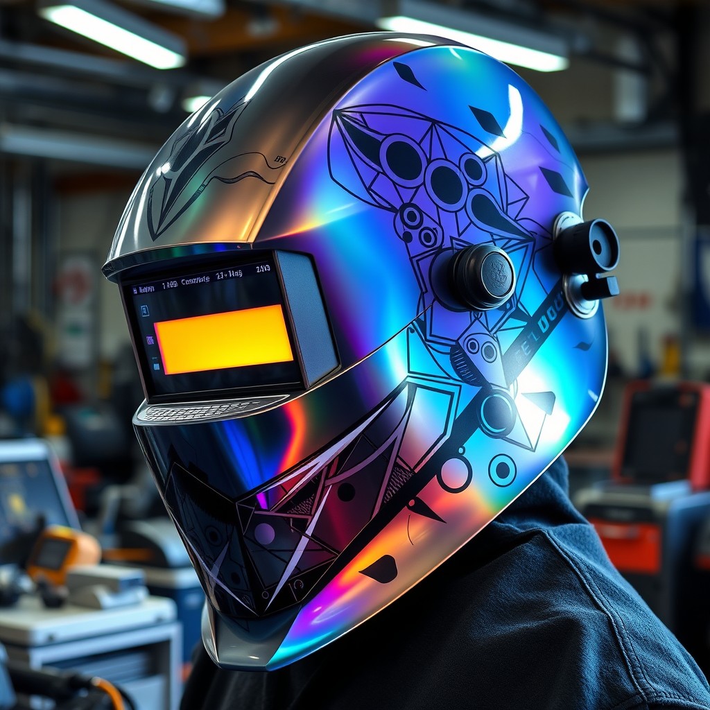 An extraordinarily stylish welding hood inspired by Radiohead, featuring a sleek and futuristic design with an iridescent surface that shifts colors when viewed from different angles