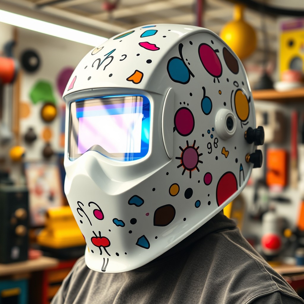 A creatively designed welding hood that combines Radiohead themes with a captivating 'white sugars pop' concept