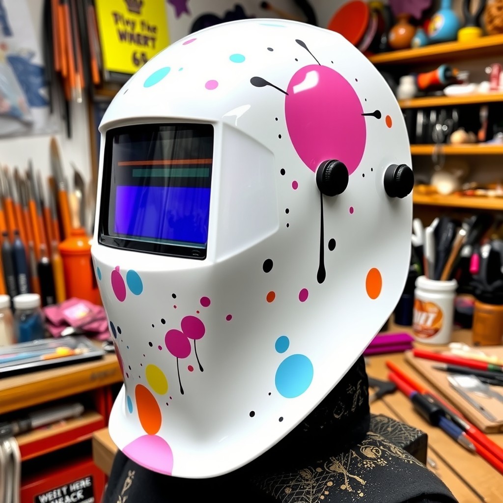 A creatively designed welding hood themed around Radiohead, featuring a 'white sugarscoop' concept