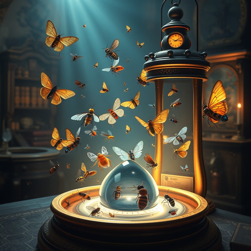 A whimsical scene depicting an 18th-century magical lantern, known as a 'sunlight microscope', used by a character similar to Catterfelto