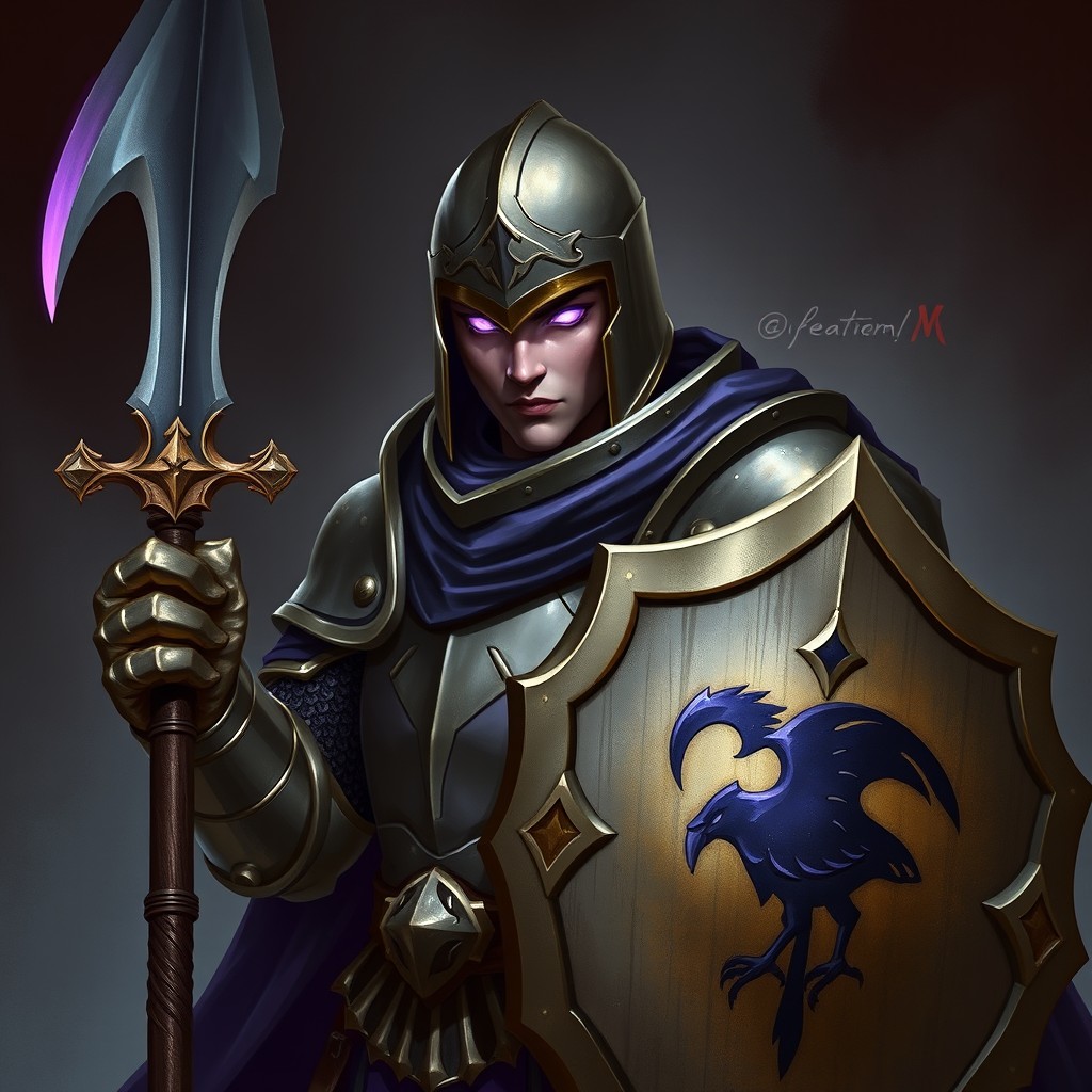 A striking low fantasy character art of a Death Domain Reborn Cleric depicted as a noble knight, with their helmet off to reveal a determined expression and captivating purple glowing eyes