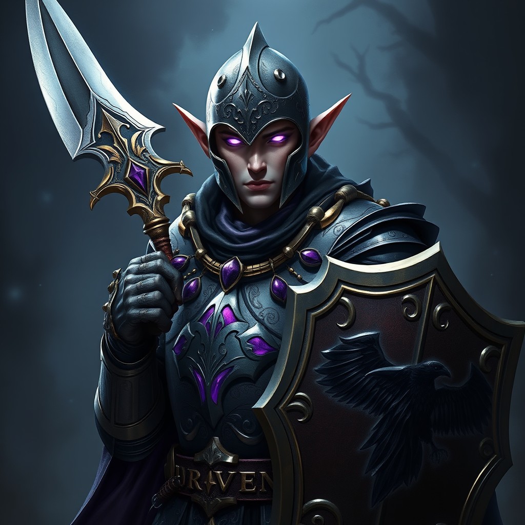 A mesmerizing character art of a male elf representing a Death Domain Undead Cleric, depicted as a powerful low fantasy knight